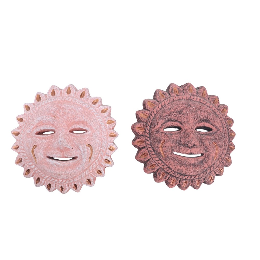 Vintage Mexican Sun Face Clay Wall Masks Set of 2 Pink Brown Gold Folk Art Decor